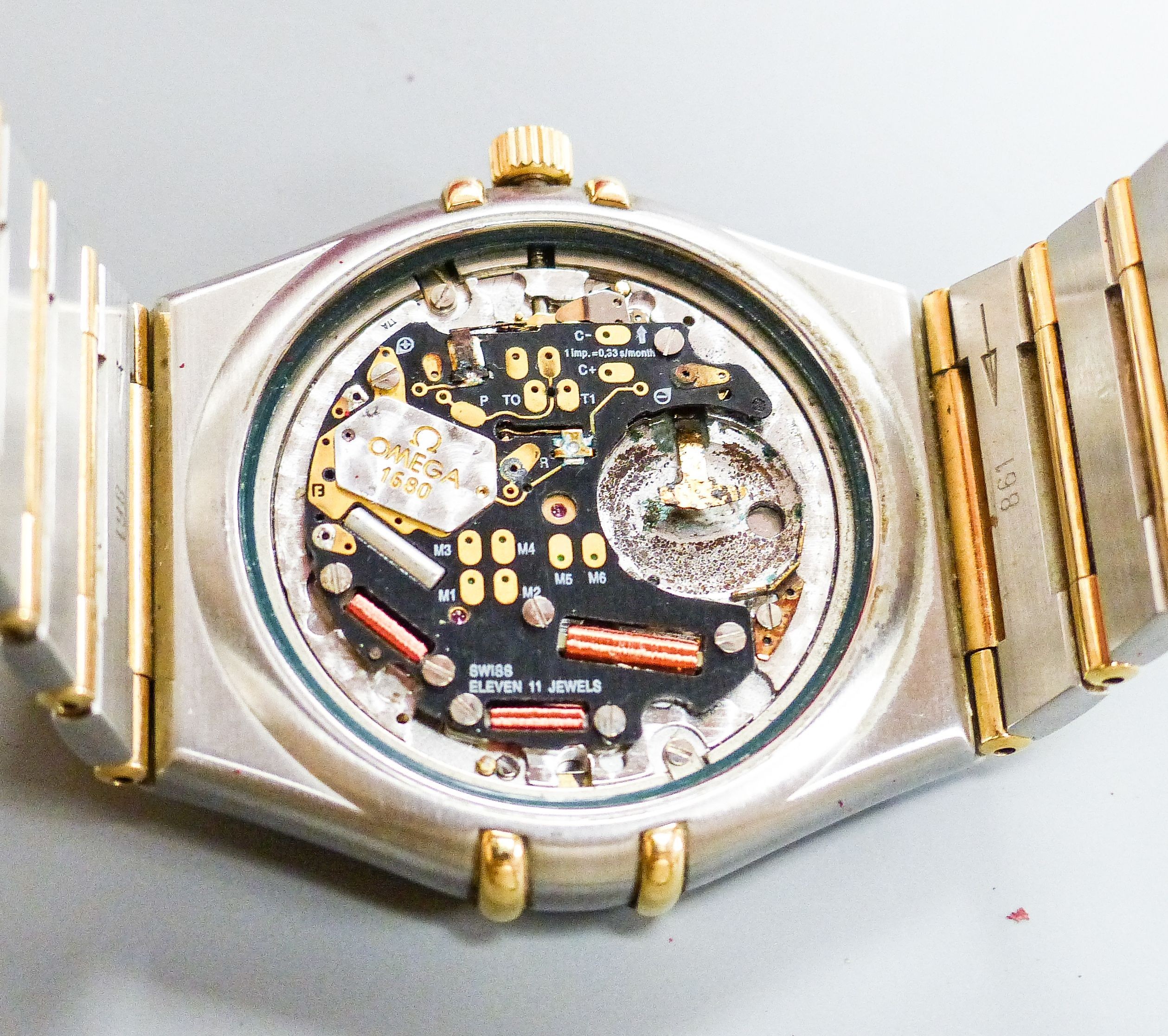 A gentleman's 1990's steel and gold Omega Constellation Perpetual Calendar wrist watch, with box and paperwork, movement 1680